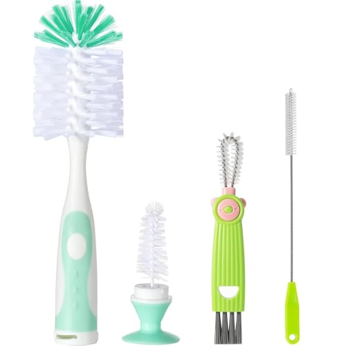 Image of Baby Bottle Brush Set 4 in 1, Baby Bottle Cleaner, with 1P Nylon Bottle Brush, 1P Bottle Cap Brushes, 2P Straw Brushes, Bottle Brush with Nipple Cleaner and Suction Cup, BPA-Free(Green)