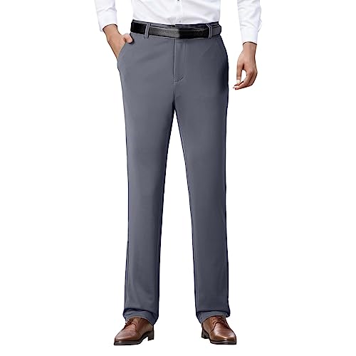 Dress Pants Men Casual Stretch Mid Rise Loose Fit Business Straight Leg Non Iron Trousers with Pocket