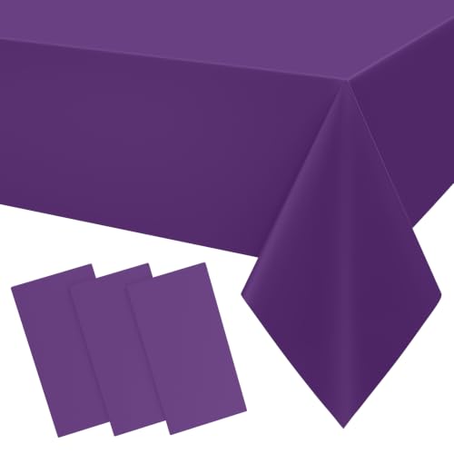 Image of Smiry Disposable Table Cloth 3 Pack, 54 x 108 Inch Waterproof Plastic Tablecloth, Decorative Rectangle Table Covers for Party, Birthday, Picnic, Purple