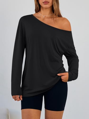 Trendy Queen Womens Tops Oversized Tshirts Off The Shoulder Long Sleeve Shirts One Shoulder Fall Outfits 2026 Casual Basic Tees Asymmetrical Going Out Y2K Cute Fashion Clothes Black M - Image 2