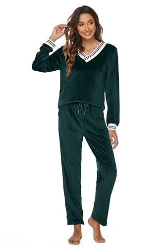 Ietaoo Velours Trainingsanzug Damen Schlafanzug Zweiteilige Jogginganzug Sportanzug Winter V Ausschnitt Pullover und Hose Nicki Hausanzug Pyjama Set...