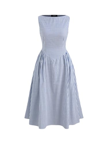 CIDER Summer Striped Ruffle Maxi Dress Boat Neck Regular Fit Mid Waist Casual Woven Short Sleeve