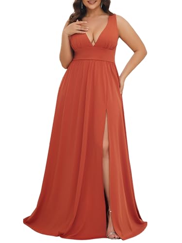 Ever-Pretty Plus Women's V Neck Sleeveless Side Slit Pleated Plus Size Summer Floor Length Formal Dresses Bridesmaid Gowns