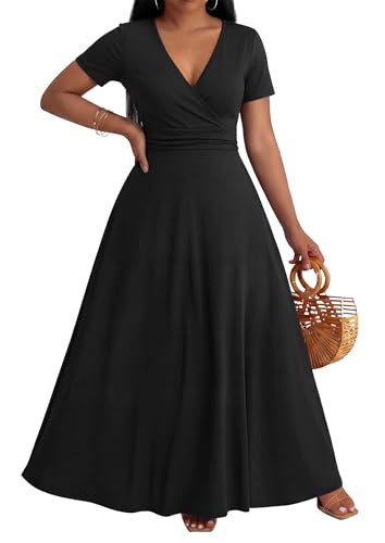 Image of CLOCOR Maxi Dress for Women Long Summer Short Sleeve Evening Formal V Neck A Line Dresses Wedding Guest Empire Waist Elegant