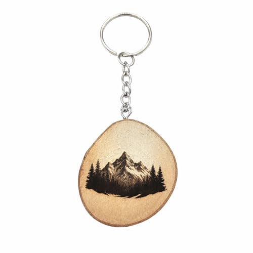 Promotech Llavero de madera con diseño de paisaje de montaña con árbol, diseño de pico, grabado con láser, diseño de paisaje