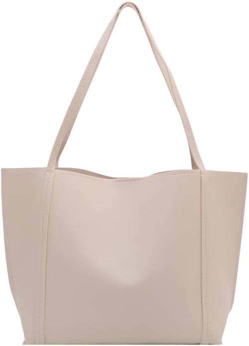 Outdoor Large Faux Leather Tote Bag, Beige Minimalist Shoulder Ha...