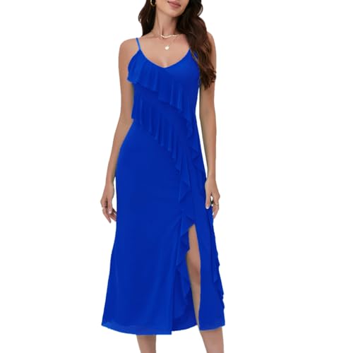 Image of Women's Spaghetti Strap Ruffle Side Split Long Dress Bodycon Beach Maxi Dresses
