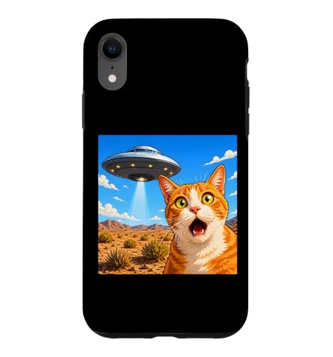Funny Shocked Cat UFO Desert Alien Encounter Graphic �X�}�z�P�[�X iPhone XR �p