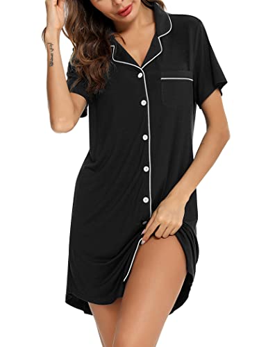 Pjmlifecoco Women's Nightshirt Short Sleeve Button Down Nightgown Soft Sleepwear Pajama Dress Black #TOP1