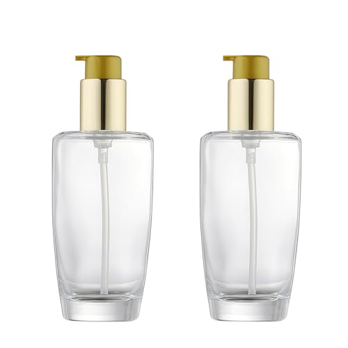2Pcs 100ml/3.4oz Empty Clear Glass Lotion Pump Bottle with Gold Pump Top Portable Essential Oil Pump Dispensers Jars Vials Hair Conditioner Container for Makeup Emulsion Toner