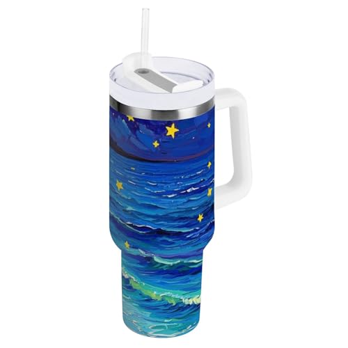 WDdZzyy Art Starry Beach - Vaso al vacío con tapa y pajita para niños, reutilizable, para viajes, escuela, deportes, guardería, camping y más