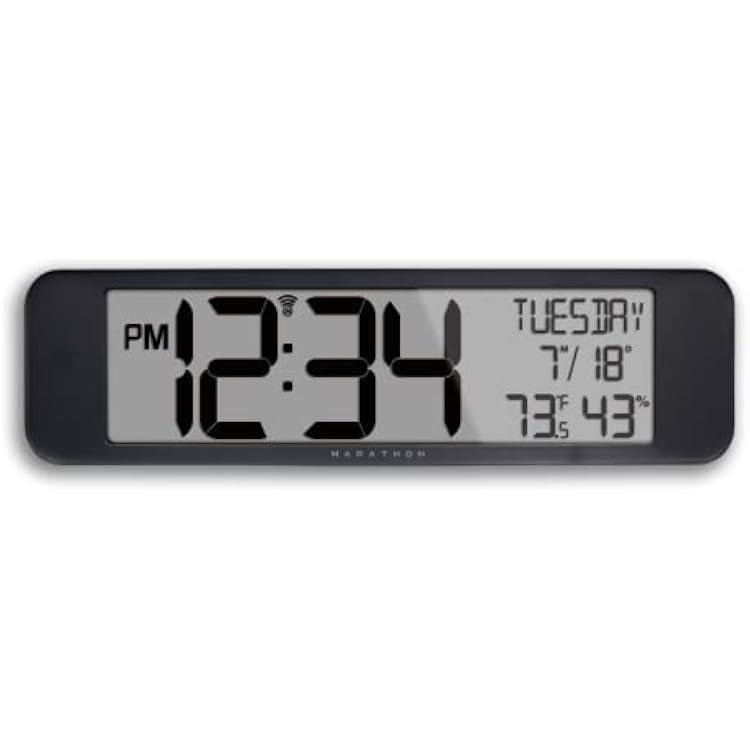 MARATHON UltraWide Atomic Wall Clock, Black - Large 14-Inch Panoramic Display - AM/PM or 24-Hour Time Format, Eight Time Zones, Indoor Temperature & Humidity - Two AA Batteries Included