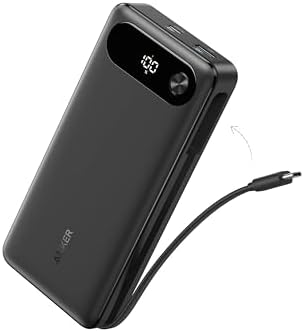 Anker Power Bank, 20,000mAh Portable Charger, Built-in USB-C Cable, 3-Port