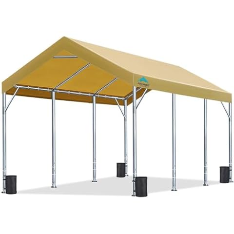 ADVANCE OUTDOOR 12x20 ft Heavy Duty Carport Potable Car Canopy Garage Party Tent Boat Shelter, Adjustable Height from 9.5 ft to 11 ft, Beige Cover
