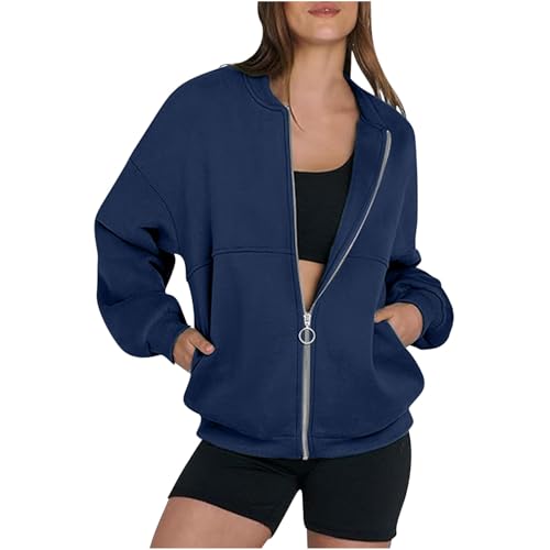 Womens Zip Up Sweatshirts Jackets Hoodless Long Sleeve Loose Outwear With Pockets Athletic Workout Clothes Outfits