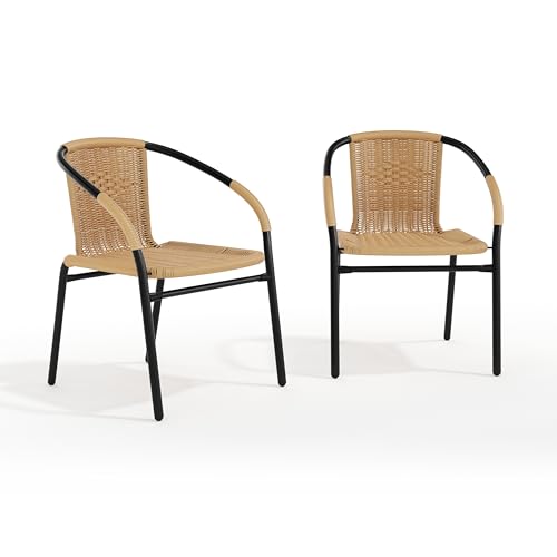 Image of EMMA + OLIVER Set of 2 Modern PE Rattan Stack Chairs, Indoor /Outdoor Patio Dining Chairs, No Assembly Required, Beige