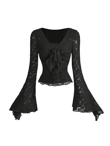 Verdusa Women's Y2K Cute Bell Sleeve Tops Floral Print Mesh Summer Long Sleeve Going Out Tops 2000s Clothing Black Medium