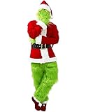 Earado Christmas Green Big Monster Santa Costume for Men 7 PCS Deluxe Furry Adult Santa Suit Xmas Holiday Outfit Set Include Mask XL