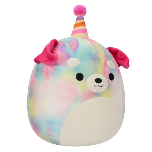 Image of Squishmallows Original 12-Inch Delenne The Rainbow Tie-Dye Dog with Party Hat - Official Jazwares inchHappy Birthday inch Plush (Medium-Sized)