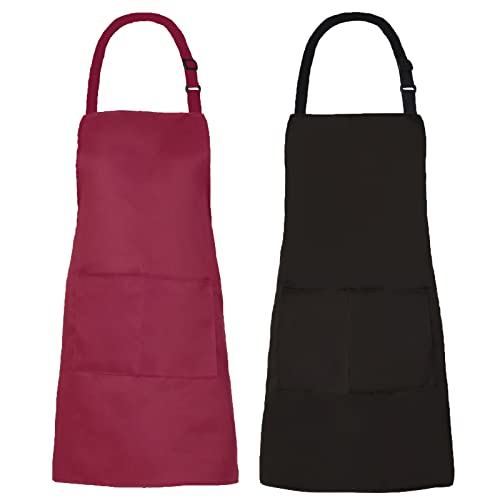 XIEJINJIA Paquete de 2 delantales ajustables de mezcla de algodón con lazos largos con 2 bolsillos, delantal de cocina para el hogar, cocina, cocinero, para mujeres y hombres, vino negro Cover