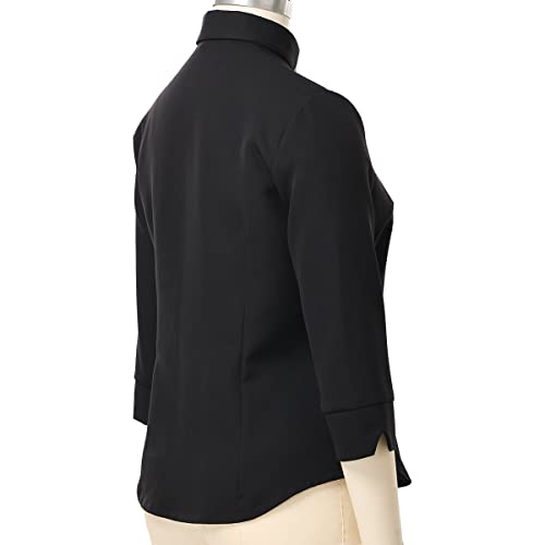 Womens Clergy Shirt Tab Collar 3/4 Sleeve Round Tailed Button Down Blouse Black #TOP6