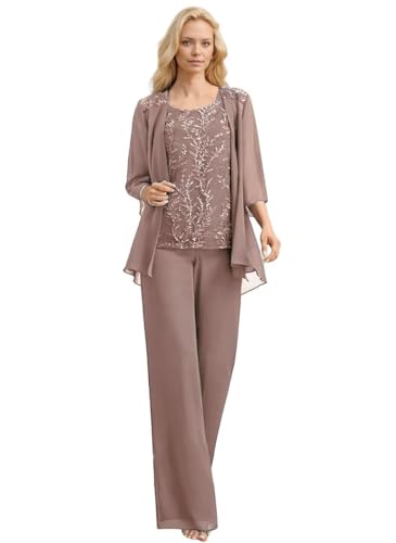 Women's Chiffon Grandmother of The Groom Pant Suits with Jacket Laces Appliques Dusty Rose Mother of Bride Pant Suits 12
