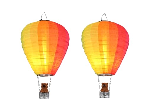 Lot de 2 lampes solaires décoratives en montgolfière multicolores avec ours dans un panier, hauteur 44 cm