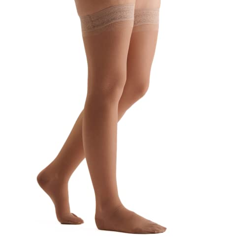 Image of EvoNation Women's Sheer Thigh High 15-20 mmHg Compression Stockings | Nylon-spandex fabric with lace-silicone top band, sandalfoot design and reinforced heel for secure all-day wear