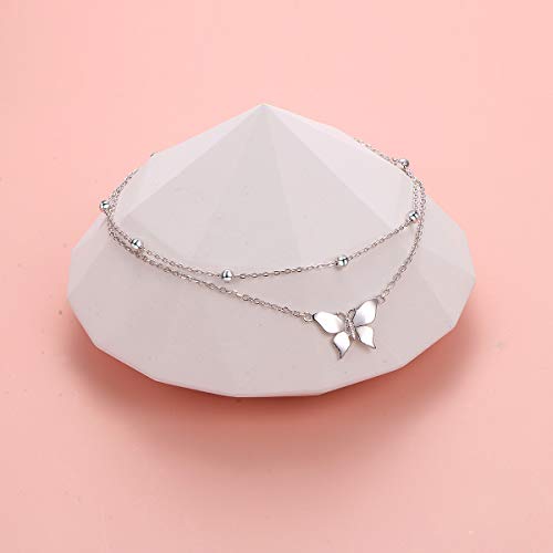 Image of Flyow Anklet for Women S925 Sterling Silver Adjustable Foot Beaded Heart Charm Ankle Bracelet Anklets Jewelry