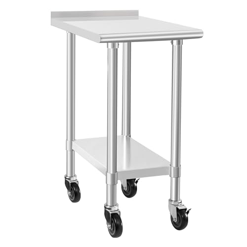 Image of HARDURA Stainless Steel Commercial Work Table with Wheels Prep & Work Metal Table 30x18 Inches Heavy Duty NSF with Casters and 2 inch Backsplash