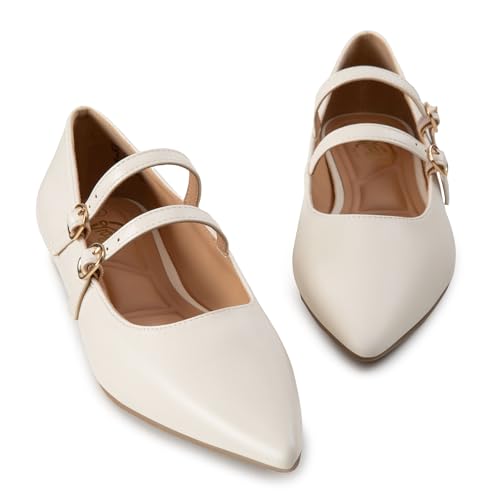 Image of Trary Flats for Women Mary Jane Shoes Women Closed Pointed Toe Ballet Flats Comfortable Slip on Dressy Adjustable Strap Cute Walking Office PU Leather Mary Janes Flat Shoes
