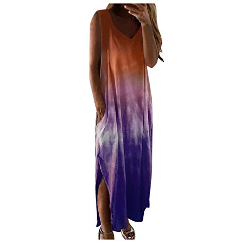 Casual Maxi Dress for Summer, Women's Boho Maxi Short Sleeve Split Pockets Tie Dye Long Dress Red
