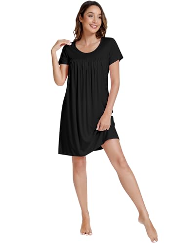 Image of NACHILA Bamboo Viscose Nightgown for Women Short Sleeve Crew Neck Sleepwear