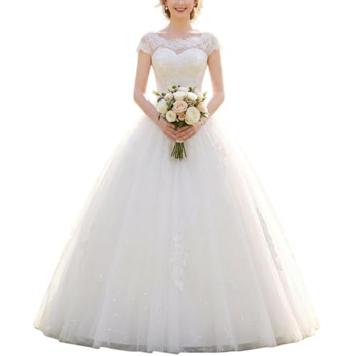 Wedding Dress Bridal Ball Gown, Cap Sleeves, Tulle Skirt White
