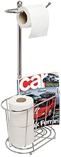 Amtido Toilet Roll Holder Stand - Tissue Paper Dispenser - Free Standing - Storage Organiser Basket for Spare Rolls, Magazines and Bathroom Accessories - Chrome