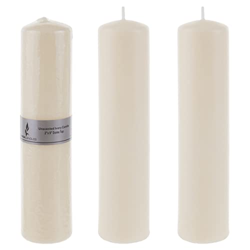 Mega Candles 3 pcs Unscented Dome Top Ivory Pillar Candles, Pressed Premium Wax Candle 2 Inch x 9 Inch, Home Décor, Weddings, Parties, Festivities, Occasions, Florists, Events, Prayers, Memorials