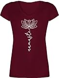T-Shirt Damen V Ausschnitt - Yoga und Wellness Geschenk - Namaste Lotusblüte weiß - XL - Bordeauxrot - yogaoberteile - XO1525