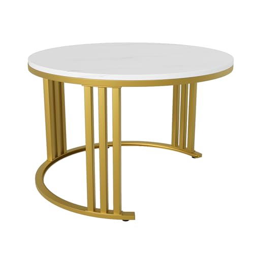 Merax 2-1 Nesting Coffee Tables for Living Room, Round Coffee Table Set with 2 Drawers Perfect for Bedroom, Office and Apartment, 1 Side Table with White Marble Top, White and Black, MDF - Image 5