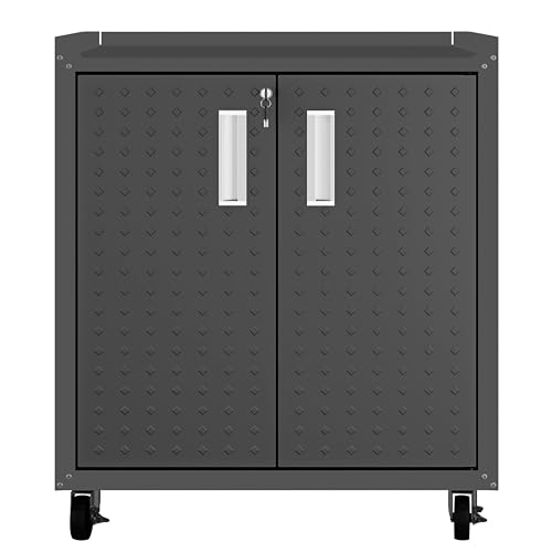Image of Manhattan Comfort Fortress Rolling Garage Storage Cabinet with 2 Adjustable Shelves, Lockable Metal Tool Compartment, Heavy-Duty Mobile Utility Organizer with Wheels, Charcoal Gray