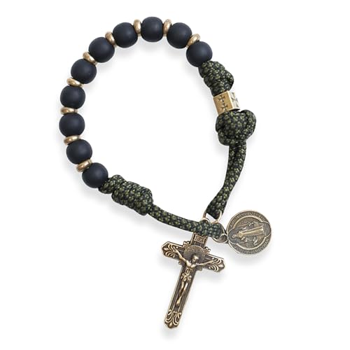 Nazareth Store NEW Antique Bronze One Decade Rosary Black Matte Beads Green Paracord Rosary Bracelet Handmade Catholic Travel Friendly Prayer