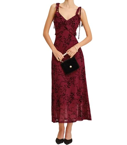 RIHOAS Women's Formal Wedding Guest Midi Dress, Burgundy Floral Spaghetti
