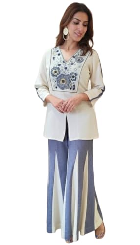 Image of ANNI Designer Women's Cotton Embroidered Co-ord Set Regular Fit Kurta Top with Palazzo Pant | Ethnic Two Piece Outfit | Casual Wear | Festive Traditional Dress for Women