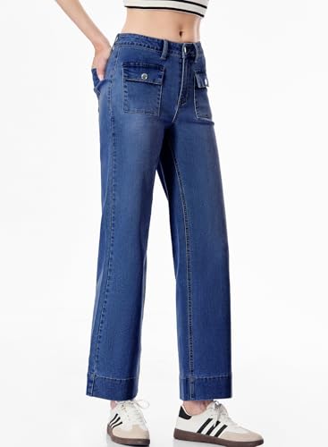 Sidefeel Women's Wide Leg Jeans High Waisted Stretchy Spring Outfit Zimbaplatinum Jeans with Patch Pockets3