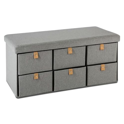 TIENDA EURASIA – Puf Almacenaje Antelina | Baul Almacenaje Dormitorio | Medidas 76.5 x 38 x 38 cm | Color Gris | 6 Cajones | Espuma de Poliuretano, Poliéster, Cartón y MDF