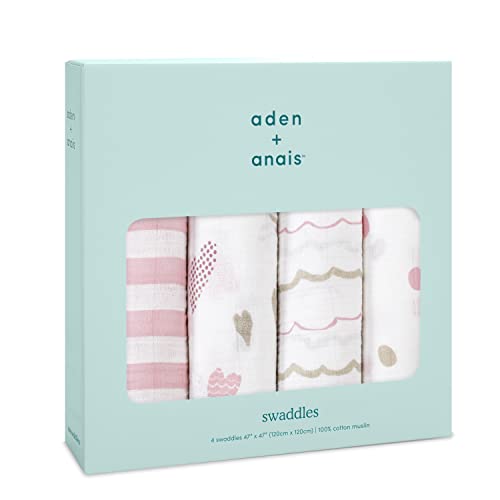Image of aden + anais Classic Swaddle Baby Blanket, 100% Cotton Muslin, Large 47 X 47 inch, 4 Pack, Heartbreaker