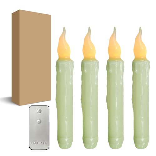 Green Flameless Short Taper Candles Real Wax Hand Dipped LED Battery Operated with Remote Flickering Flame Lights for Festival Party Home Decor 67 Inch Primitive Flameless Candles 4PCS