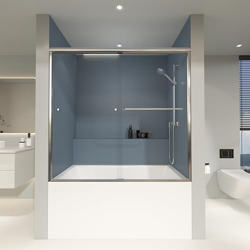 ENSO SENKA Bathtub Shower Door 60\" W X 57\" H Double Sliding Glass Bathroom Shower Doors for Bathtub, 1/4\" Thick Clear Tempered Glass, Chrome Finish