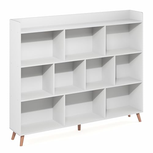 Image of Furinno Claude Book Shelf, 10-Cube Mid Century Style Bookshelf, Bookcase, Storage Organizer with Wood Legs, 9.4 inch x 55.1 inch x 45.1 inch, for Living Room, Bedroom, Home Office, White