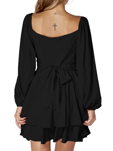 LYANER Women's Lantern Long Sleeve Wrap Tie Back Square Neck Double Layer Ruffle Hem A Line Short Mini Dress2