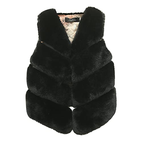 Girls' Faux 𝐅𝐮𝐫 Wool Vest Coat Sleeveless V Neck Jacket Outerwear Winter Causal Coat Waistcoat (Black, 9-10 Years)